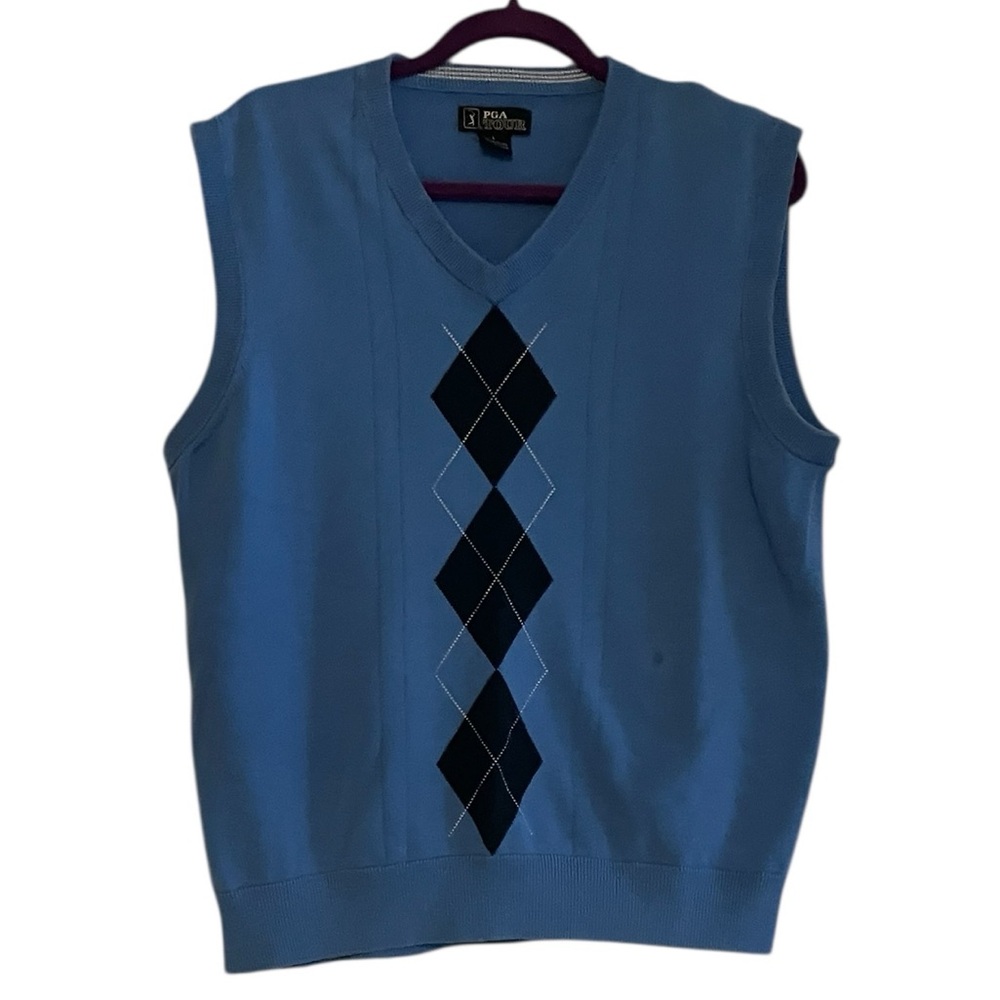 PGA Tour Men’s Argyle Vest L Blue 100% Cotton